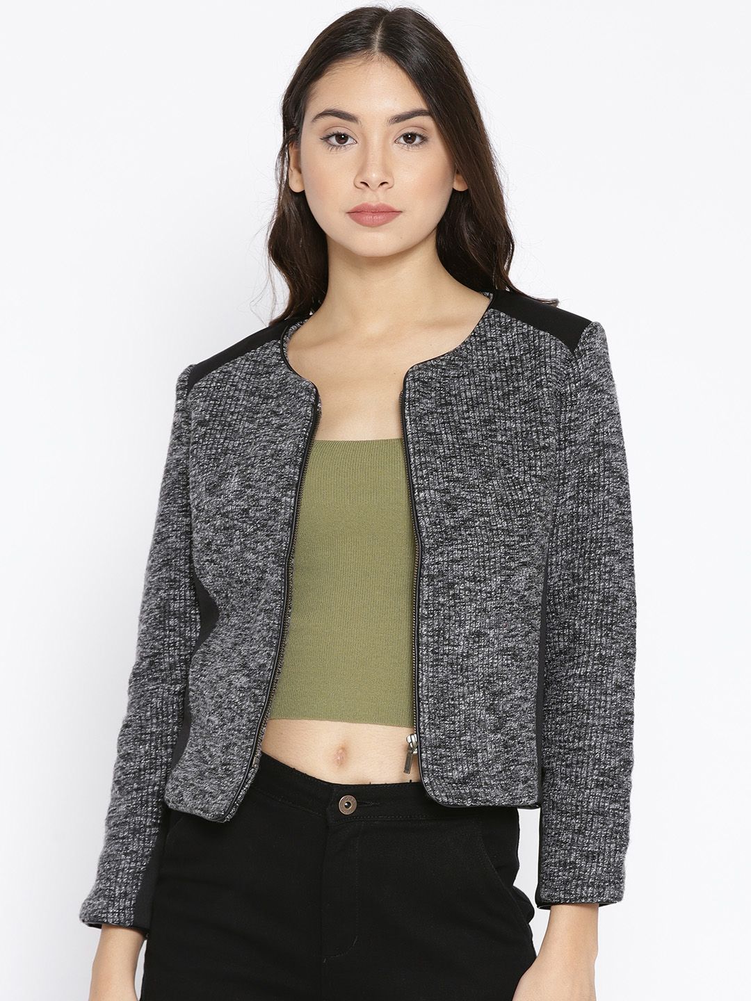 Wills Lifestyle Women Grey Melange & Black Colourblocked Collarless Tailored Jacket